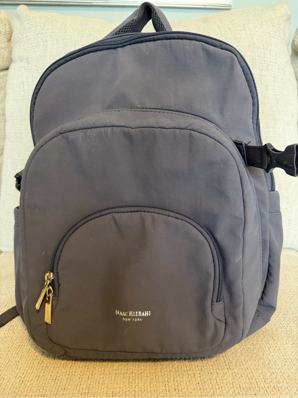 Isaac Mizrahi Gray Nylon Backpack with Gold Accents